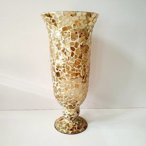 Elegant Tall Mosaic Glass Vase Neutral White Gold Cream Multi Colour Footed chic